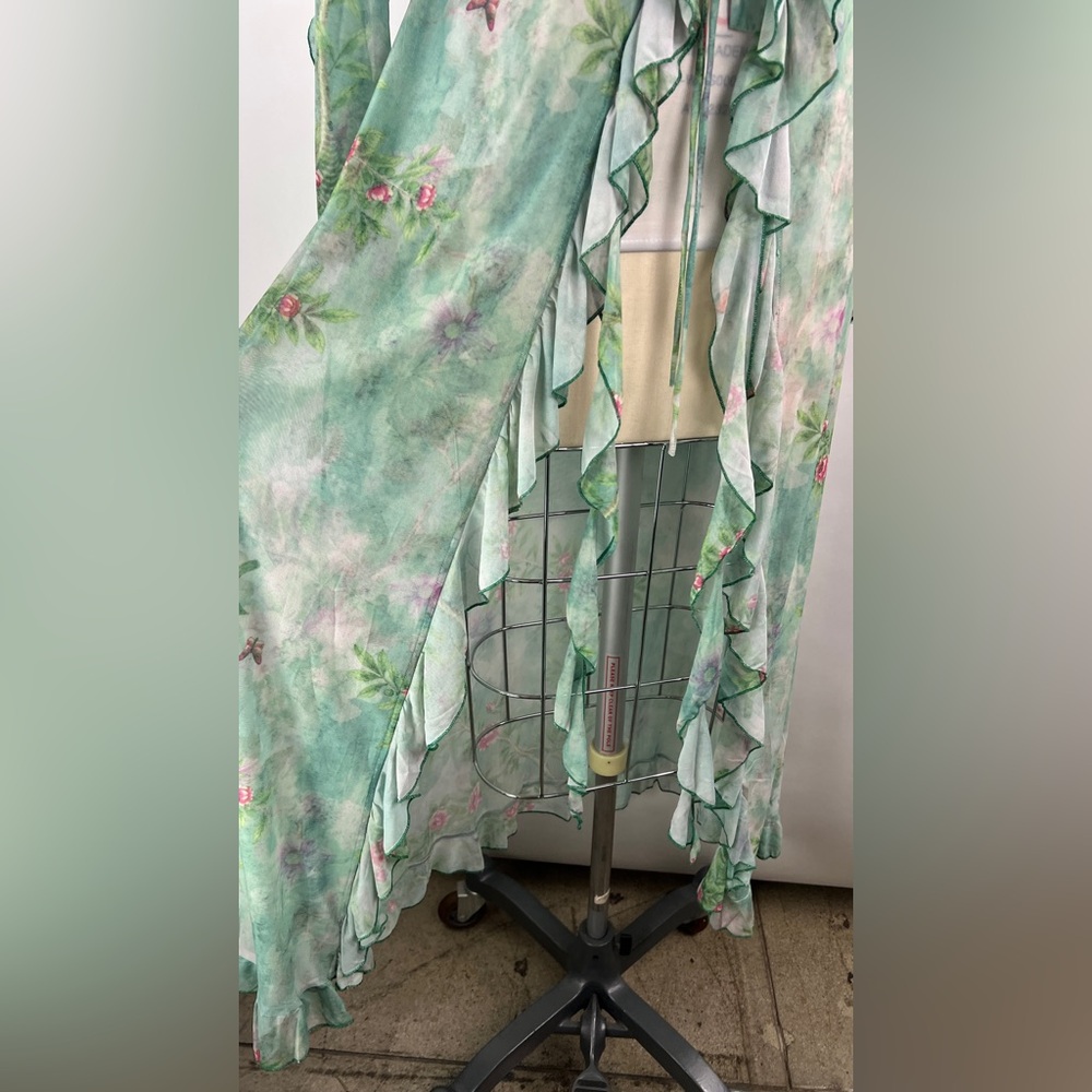 451B-GREEN. Floral Long Mesh Ruffled Cardigan - Picture 10 of 11